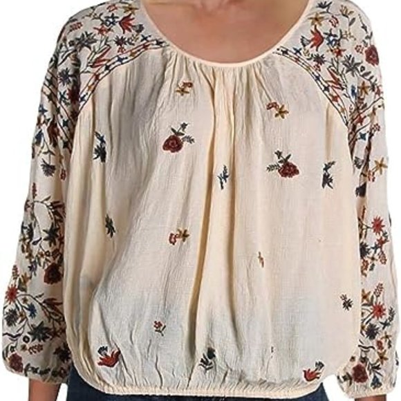 FREE PEOPLE Wild Flowers Embroidered Peasant Top Size XS Boho - Picture 1 of 3